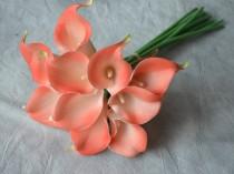 wedding photo - 10 Coral Calla Lilies Real Touch Flowers DIY Wedding Bouquets Coral Silk Bridal Bouquets Wedding Centerpieces