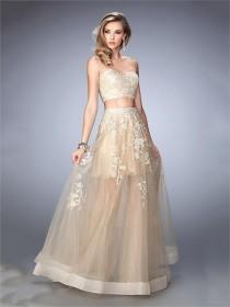 wedding photo -  A-line Sweetheart Two Piece Gold Beaded Short Lining and Long Overlay Prom Dress PD3306