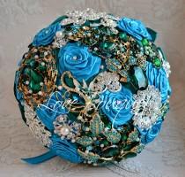 wedding photo - Peacock Brooch Bouquet, Turquoise and Green Wedding Brooch Bouquet, Silver Bridal Bouquet, Broach Bouquet, Jewelry Bouquet, Crystal bouquet
