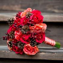 wedding photo - Ready to ship Red coral orange fall or winter bouquet natural pine cones red cranberries berry accent gold pearls vermont rustic wedding