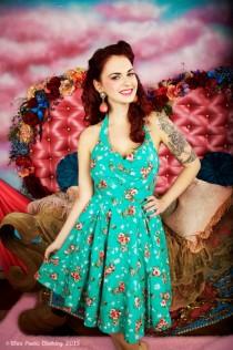 wedding photo - Rosemary floral halter pinup vintage style swing dress
