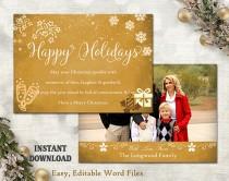 wedding photo -  Christmas Card Template - Holiday Greeting Card - Gold White Christmas Card - Printable Download Card - Photo Card - Editable Word Template