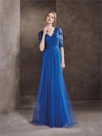 wedding photo -  A-line V-neck Lace Bodice with Long Sleeves Tulle Chiffon Prom Dress PD3346