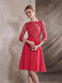 wedding photo -  A-line Boat Neckline with Long Sleeves Lace Beaded Short Prom Dress PD3335