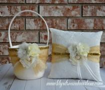 wedding photo -  Ivory and Gold flower girl basket and pillow