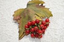 wedding photo - Rustic Multicolor Leather and Coral Jewelry Brooch. The Branch of Viburnum Brooch. Natural Eco Style Falling Leaves Autumn Brooch.