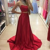 wedding photo -  Fabulous Two Piece Red Prom Dress - Halter Sleeveless Sweep Train with Beading