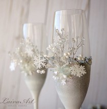 wedding photo -  Snowflakes Winter Wedding Champagne Glasses Winter Wedding Christmas Wedding Holiday Wedding Champagne Flutes