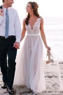 wedding photo - Elegant Scoop Neck Lace A Line Tulles Beach Wedding Dress WD034