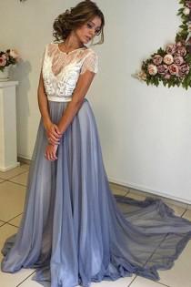 wedding photo -  Trendy Scoop Neckline Cap Sleeves Long Blue Chiffon Prom Dress with Lace Backless