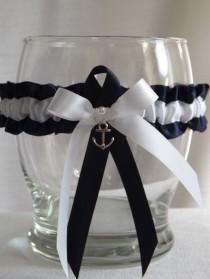wedding photo - Anchor Charm - Navy Blue & White Wedding Garter Belt - Tossing Garter - One Size - Plus Size