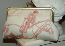 wedding photo - Equestrian Clutch/Purse/Bag..Bridal Gift..Horse and Rider Jumper Lining..Pink with Cream..Cream with Gray Cotton Designer Toile Fabric