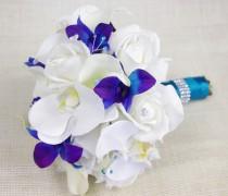 wedding photo - Silk Wedding Bouquet with Off White Roses, Blue Purple and White Orchids, and Callas - Natural Touch Silk Flower Bouquet - Teal Turquoise