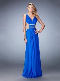 wedding photo -  A-line V-neck Open Sides and Back Beaded Straps Chiffon Prom Dress PD3323