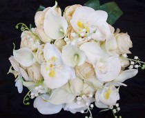 wedding photo - Silk Wedding Bouquet with Champagne Roses, Callas and Orchids - Silk Flower Bride Bouquet - Almost Fresh