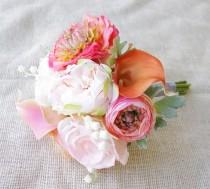 wedding photo - Peach Bouquet of Silk Peonies and Ranunculus - Coral Peach Orange Natural Touch Flower Wedding Bride Bouquet - Almost Fresh