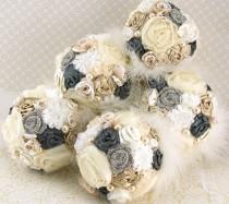 wedding photo - Brooch Bouquets, Bridesmaids, Gray, Charcoal, Pewter, Tan, Beige, Champagne, Ivory,Maid of Honor,Elegant Wedding, Pearls, Feathers, Crystals