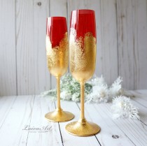 wedding photo -  Wedding Champagne Flutes Champagne Glasses Red Gold Wedding Toasting Flutes