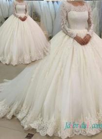 wedding photo -  Modest long sleeves lace ball gown wedding dress