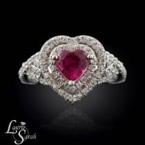 wedding photo - Ruby Engagement Ring, Ruby Love Heart Ring with White Sapphire Double Halo and Twisted Shank - LS1350