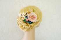 wedding photo - Pale pink hair flower, Bridal headpiece, Wedding hairpiece, Pink bridal hair flower, Blueberry hairpiece, Rustic hair flower, Pink, blue