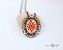 wedding photo - Nordic Star Embroidered Pendant On Vintage Fabric. Cross Stitch Pendant Necklace. Textile Jewelry. Ethnic Symbol Alatyr. Gift For Her