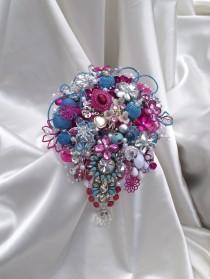 wedding photo - Deposit for a custom order brooch bouquet for a hot pink and aqua blue brooch bouquet, fuchsia and turquoise bouquet, alternative bouquet