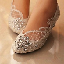 wedding photo - Details About Lace White Ivory Crystal Wedding Shoes Bridal Flats Low High Heel Pump Size 5-12