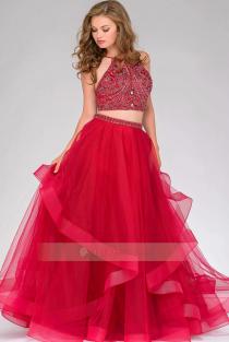 wedding photo -  A-line Halter Neck Two Piece Rhinestone Bodice Ruffled Tulle Prom Gown Sale Cheap
