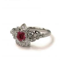 wedding photo - Ruby Art Deco Petal Engagement Ring - 14K White Gold and Ruby engagement ring,leaf ring,flower ring, vintage, halo ring,Ruby and Diamonds,2B