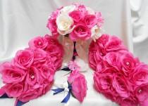 wedding photo - Wedding Bridal Bouquets Your Colors 18 pcs Package Fuchsia Hot Pink Navy Blue Ivory Toss Bridesmaids  Boutonniere Corsages FREE SHIPPING