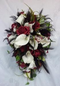 wedding photo - Burgandy, Black, Off White Silk Gothic Cascading Bridal Bouquet Roses,Calla Lily, Black Feathers. Real Touch, silk wedding flowers