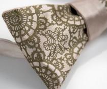 wedding photo - Cottage Lace champagne bow tie. Self-tie, freestyle mens bow tie. Silkscreened antique brass print.