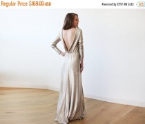 wedding photo - CYBER MONDAY Light Gold backless maxi dress with long sleeves, Open back maxi bright gold gown with long sleeves 1097