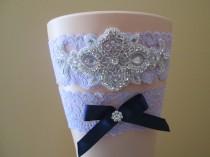 wedding photo - Lilac Purple Lace Wedding Garter Set, Lavender Garters w/ Rhinestones, Navy Blue Bow, Something Blue, Rustic-Vintage- Country Bride