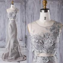 wedding photo - 2016 Light Gray Taffeta Bridesmaid Dress Bead, Scoop Lace Illusion Wedding Dress, A Line Taffeta Evening Gown, Elegant Dress Floor (XT039)