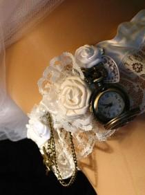 wedding photo - Steampunk Victorian Pocket watch Wedding Garter. Bride garter, Costume or Bridesmaids