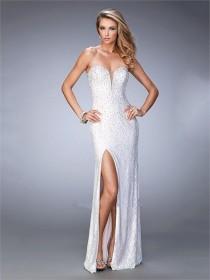 wedding photo -  Plunging Sweetheart Neckline and Side Slit Beaded Prom Dress PD3274