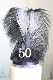 wedding photo - Gatsby navy, black and silver feather cake topper