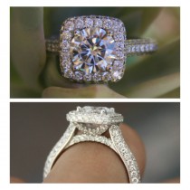wedding photo -  Forever One Moissanite & Diamond Halo Pave Engagement Ring 14k White Gold, 18k or Platinum - Double Sided Halo, Three Row Band, Pave Rings