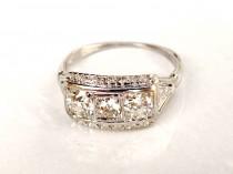 wedding photo - Antique Art Deco Engagement Ring 0.60ctw Old Cut Diamond Wedding Ring 18K White Gold Orange Blossom Motif Three Stone Anniversary Ring