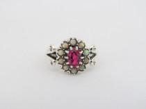 wedding photo - Vintage Sterling Silver Ruby & Opal Cluster Ring Size 6