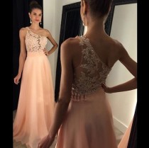 wedding photo -  Charming Floor Length Prom Dress - Pink One Shoulder A-Line with Appliques from Dressywomen
