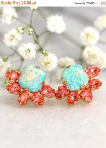 wedding photo - Opal Earrings, Coral Mint Earrings, Bridesmaids Earrings, Bridal Earrings, Swarovski Mint Opal Earrings, Gift For Her, Mint coral Studs