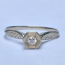 wedding photo - Vintage Diamond Engagement Ring. Art Deco 14K Gold Setting. Unique Engagement Ring. April Birthstone. 10 Year Anniversary Gift. Estate