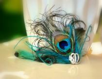 wedding photo - One Peacock & Teal Hair Clip or Comb. Bridesmaid Bride Bridal Party Big Day. Luxe Couture Gift, Turquoise Emerald Green Silver Metallic Band