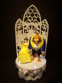 wedding photo - Disney Beauty and the Beast Bride and Groom Fairy Tail WEDDING CAKE TOPPER W/Lights Clear Funny