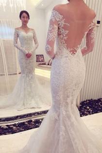 wedding photo - Charming Off The Shoulder Long Sleeves Lace Mermaid Wedding Dress WD018