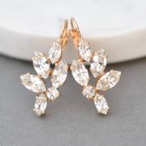 wedding photo - Bridal Earrings Rose Gold Swarovski Crystal White Diamond Leverback Marquise Drop Cluster Earrings Wedding Jewelry Bridesmaid Bride Classic