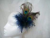 wedding photo - Navy Blue Peacock Feather & Crystal Pearl Burlesque Wedding Fascinator Hair Comb -  Made to Order